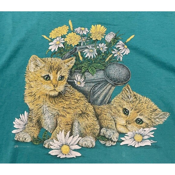 Vintage Oversized 90s Graphic T-shirt Featuring Two Kittens And Flowers, Size 2X - Picture 2 of 7